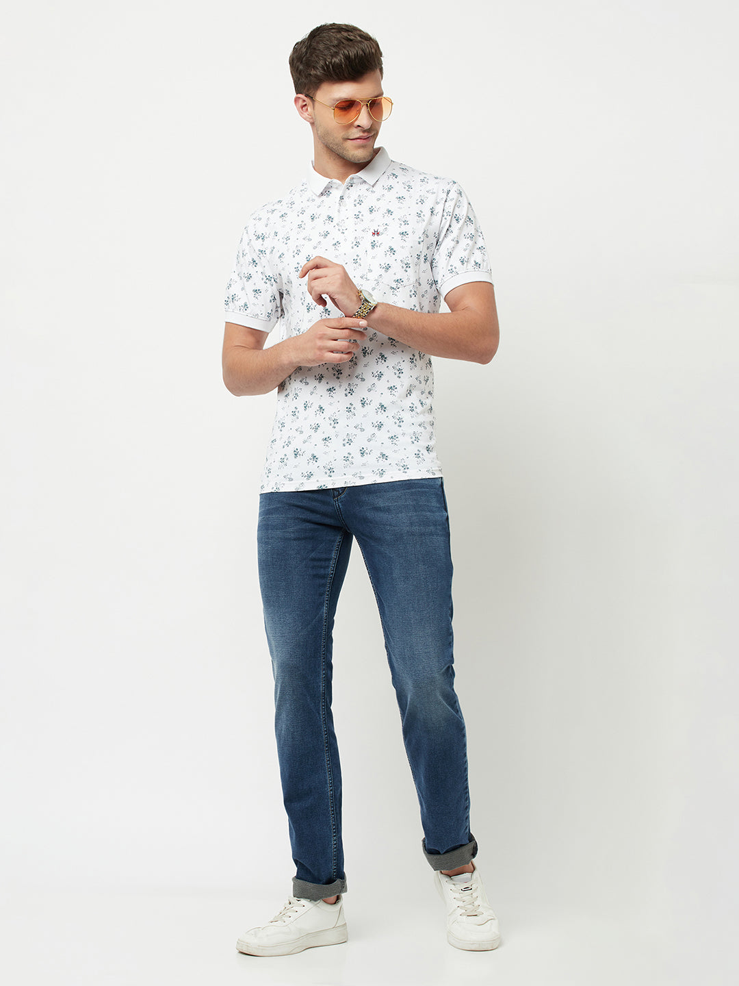 White Floral Printed Polo T-Shirt-Men T-Shirts-Crimsoune Club