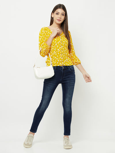 Yellow Floral Printed V-Neck Cropped Top - Women Tops