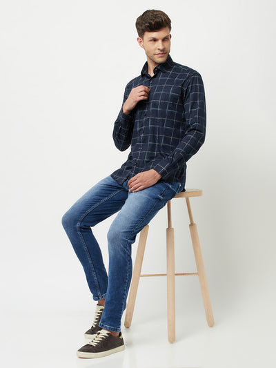 Navy Blue Checked Shirt-Men Shirts-Crimsoune Club