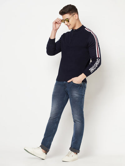 Navy Blue Printed Mock Neck Sweater - Men Sweaters