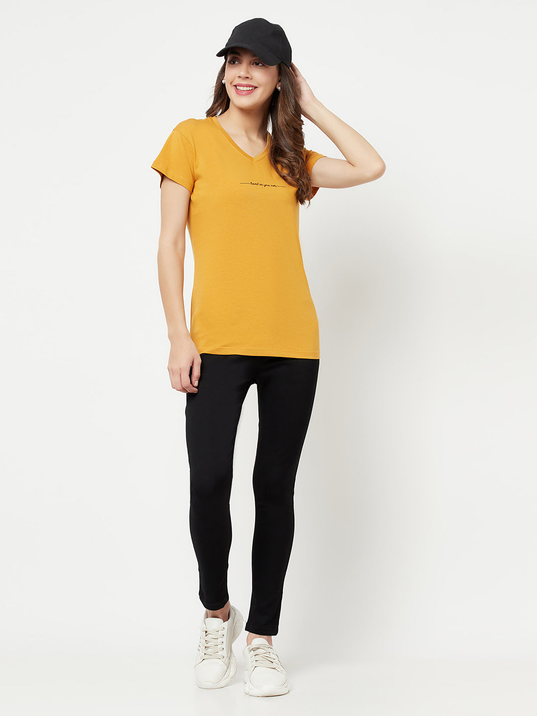 Mustard Printed V-Neck T-Shirt - Women T-Shirts