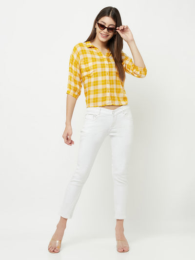 Mustard Checked Multi Pocket Cropped Shirt - Women Shirts