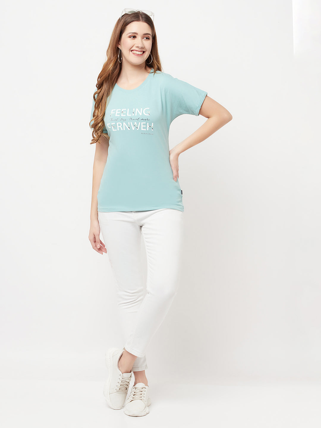 Mint-Green Printed Round Neck T-Shirt - Women T-Shirts