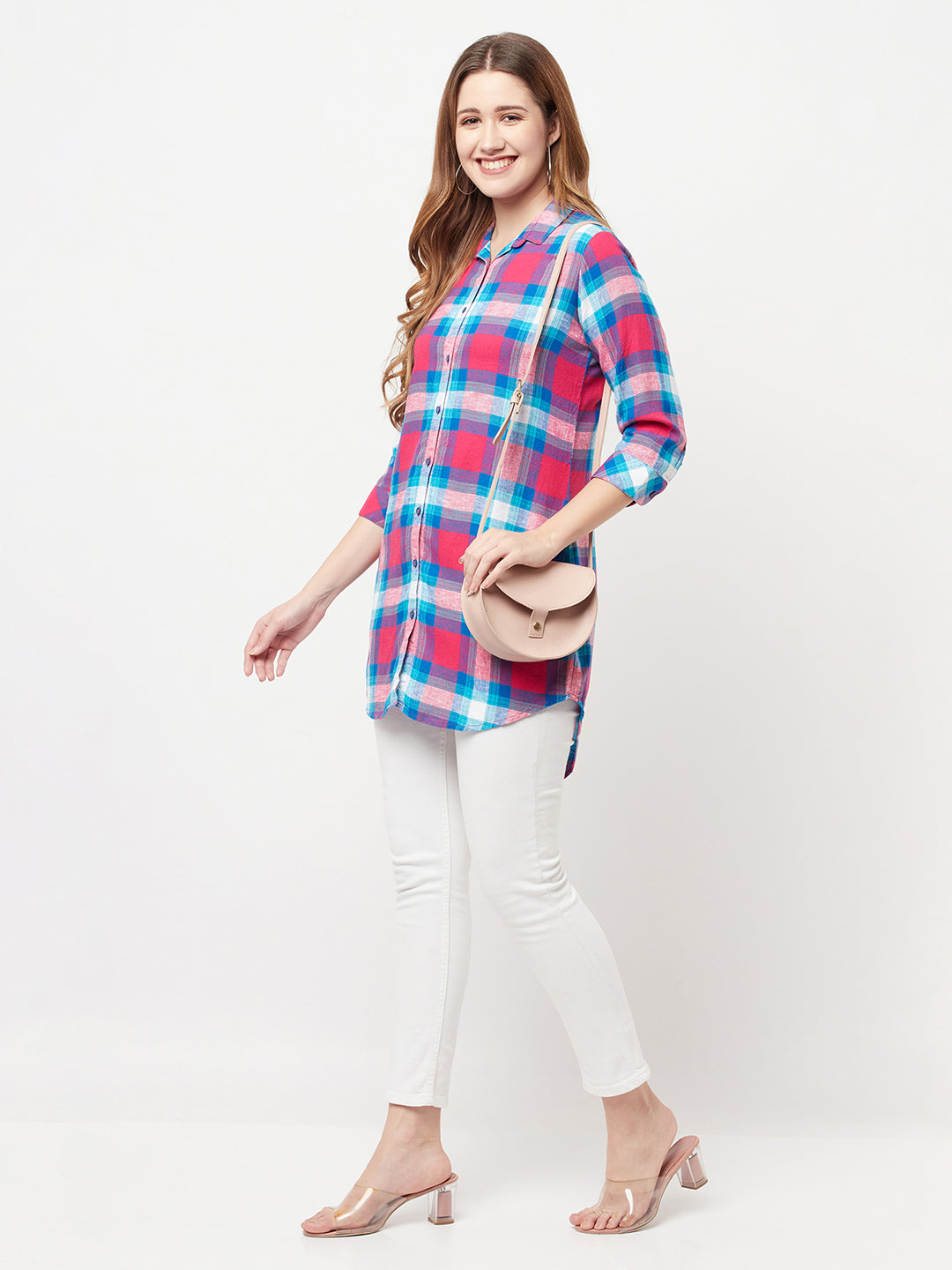 Pink Checked Longline Shirt - Women Shirts