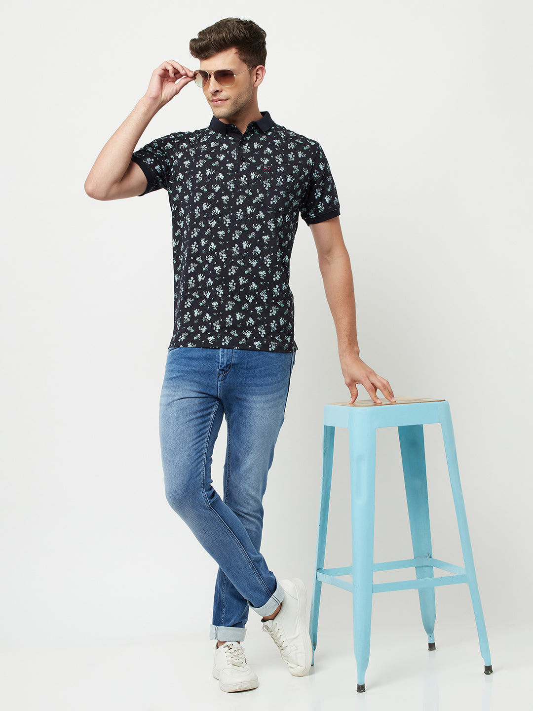 Navy Blue Floral Printed Polo T-Shirt-Men T-Shirts-Crimsoune Club