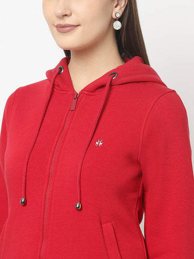Red Open-Front Sweatshirt with Hooded Neck