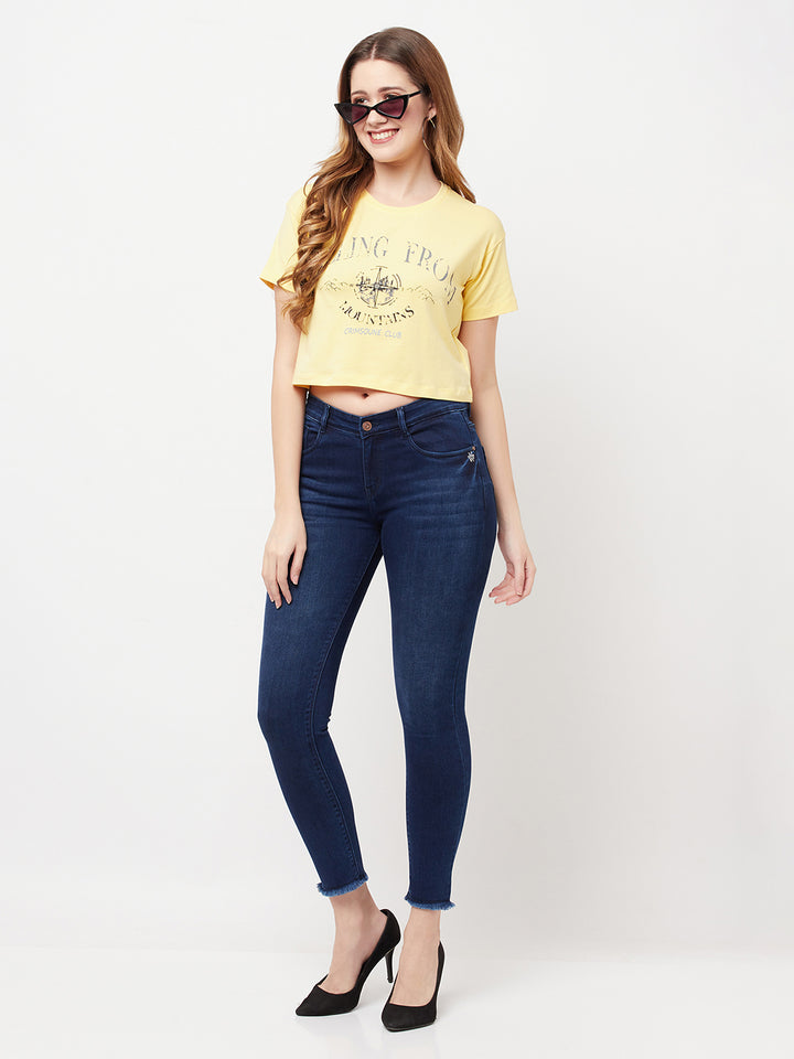 Yellow Printed Round Neck Cropped T-Shirt - Women T-Shirts