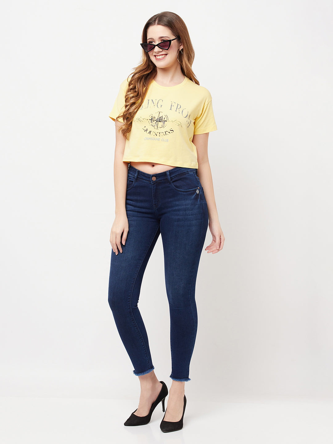 Yellow Printed Round Neck Cropped T-Shirt - Women T-Shirts