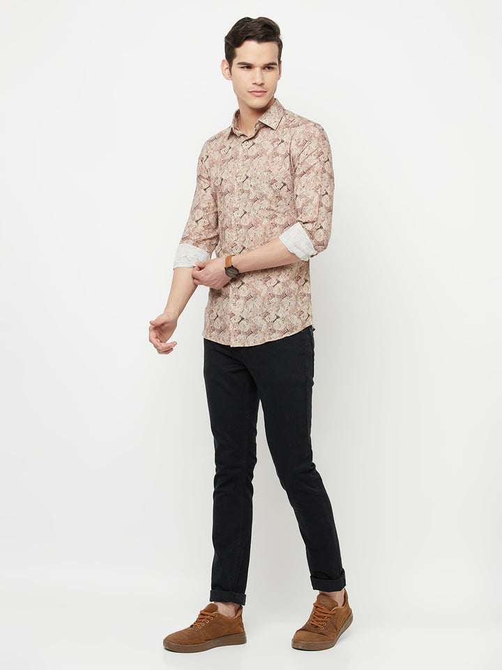 Beige Printed Linen Shirt - Men Shirts