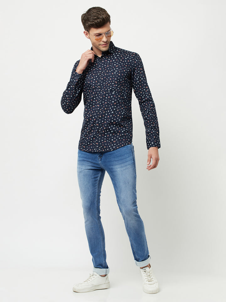 Navy Blue Floral Printed Shirt-Men Shirts-Crimsoune Club