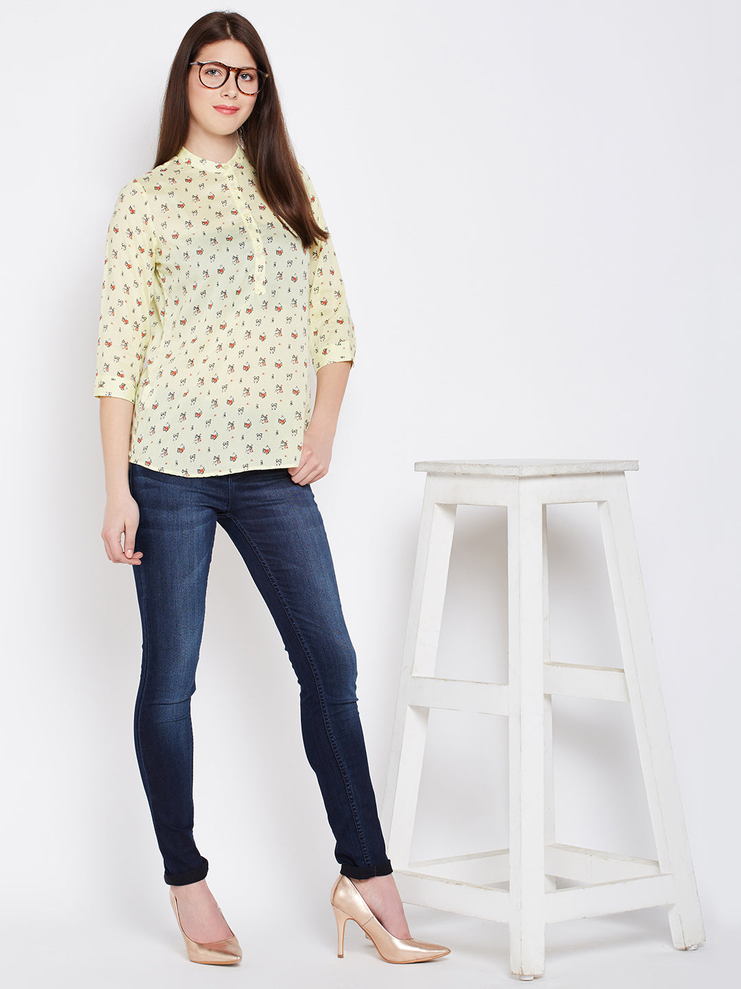 Yellow Printed Mandarin Shirt - Women Shirts