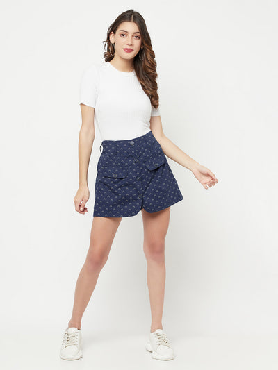 Navy Blue Printed Skorts - Women Shorts