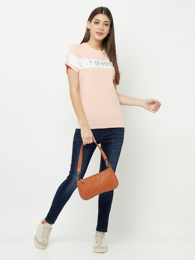 Peach Printed Round Neck T-Shirt - Women T-Shirts