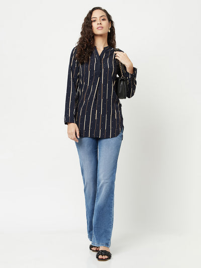 Navy Blue Abstract Printed Top-Women Tops-Crimsoune Club