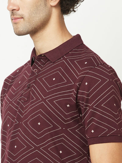  Wine Geometric Print Polo T-Shirt