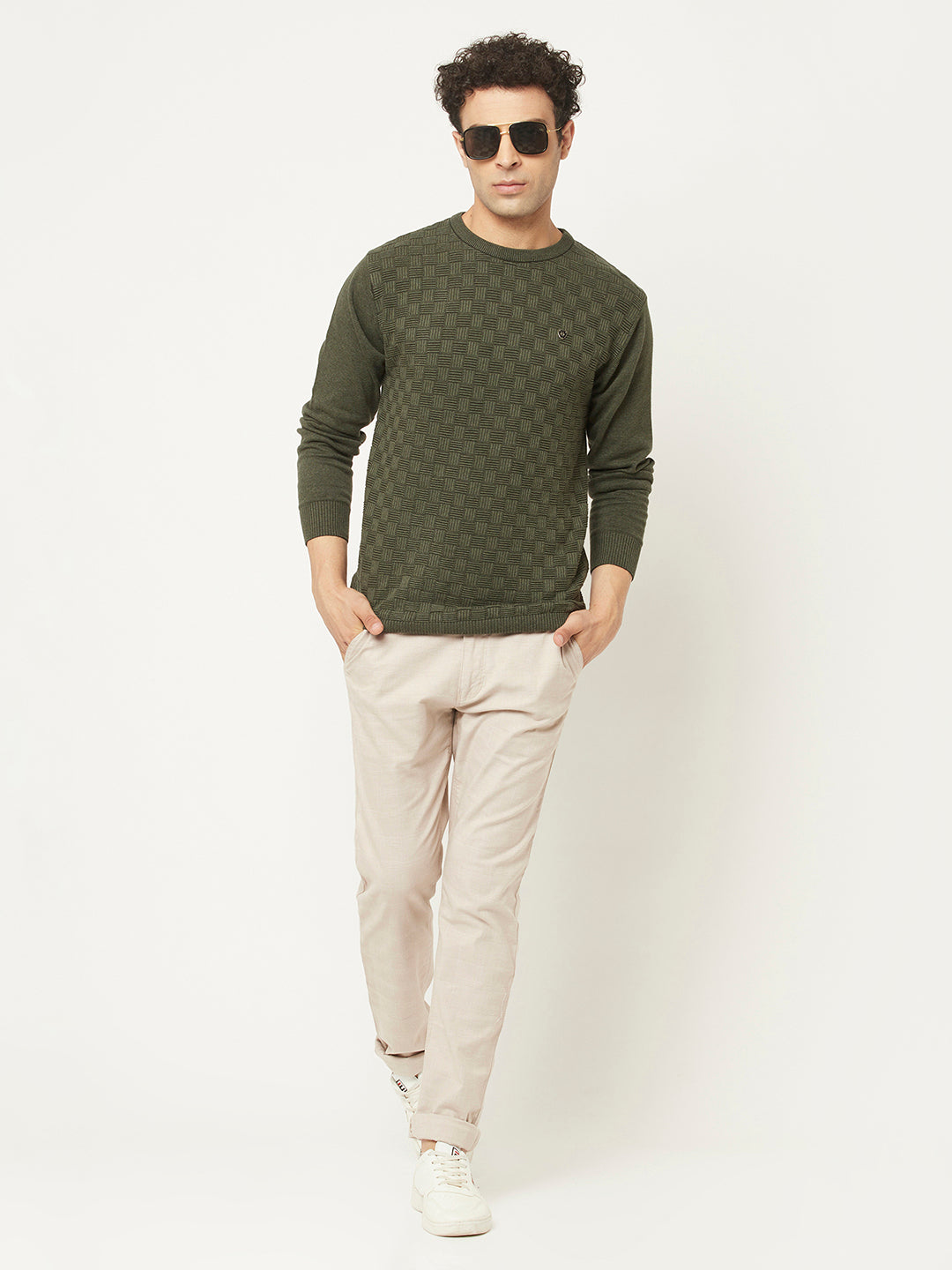 Army Green Sweater in Self Design Pattern-Men Sweaters-Crimsoune Club