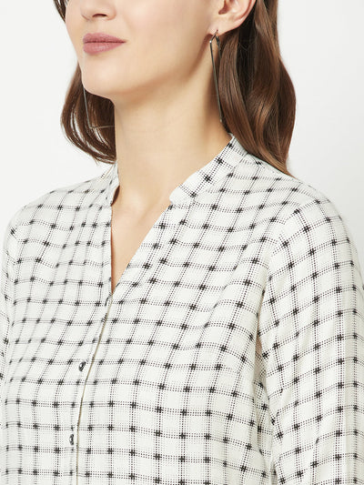  White Checkered Henley-Neck Shirt