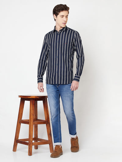 Navy Blue Striped Shirt - Men Shirts