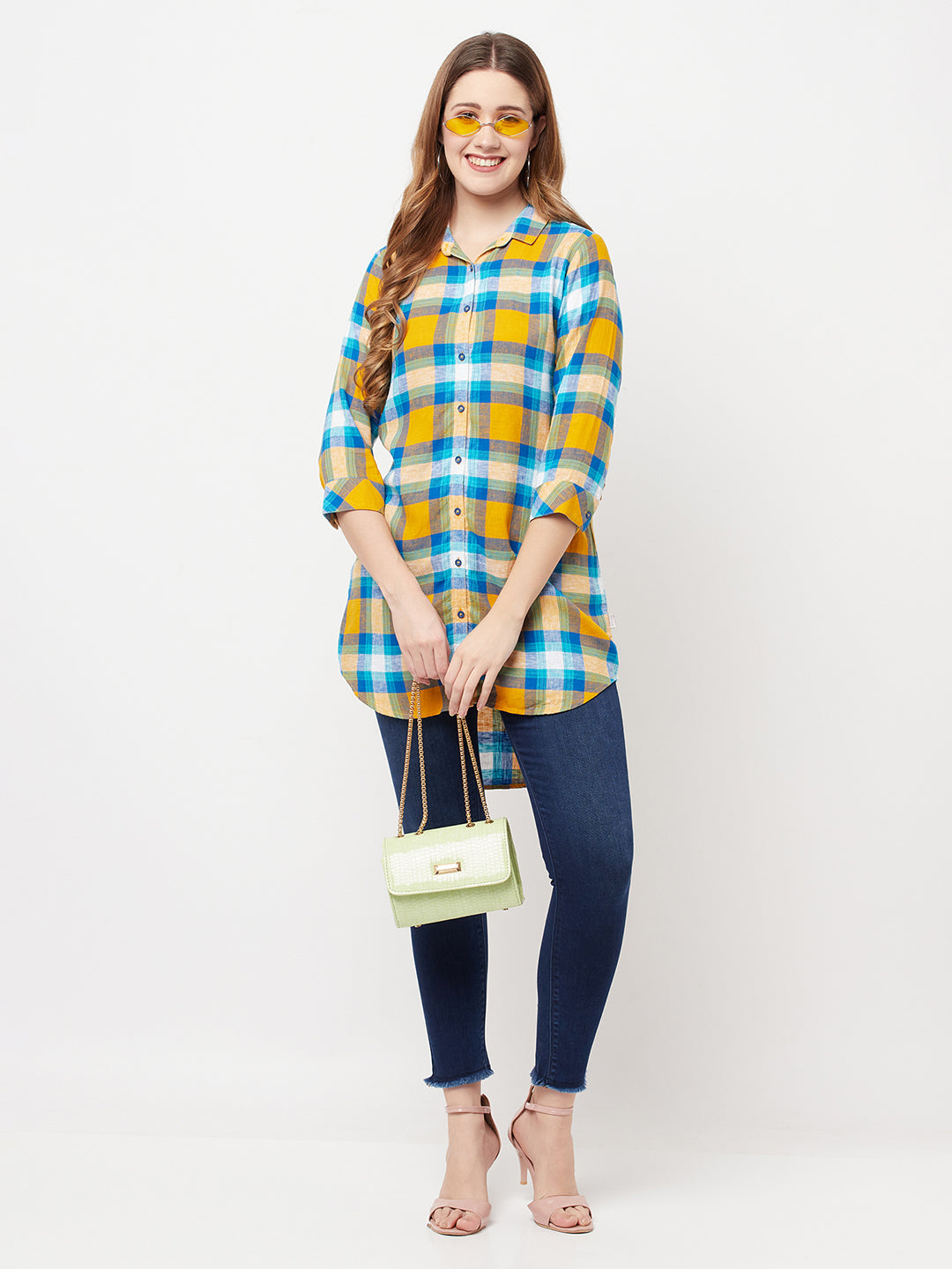 Mustard Checked Longline Shirt - Women Shirts