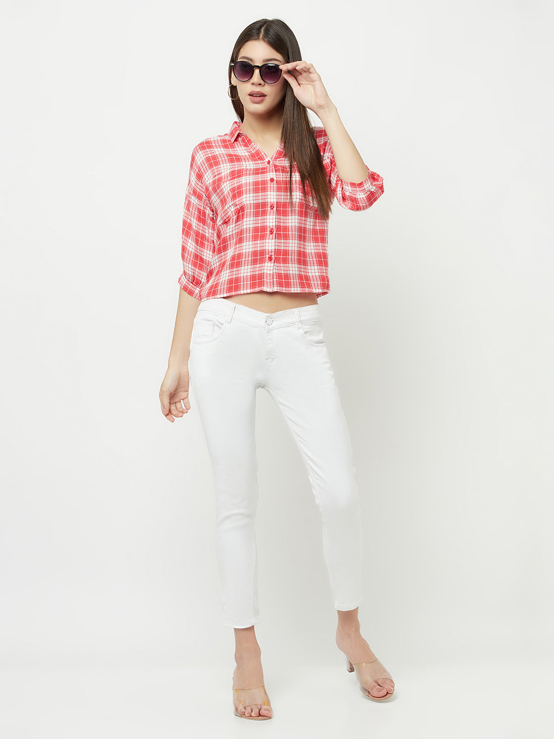 Red Checked Multi Pocket Cropped Shirt - Women Shirts