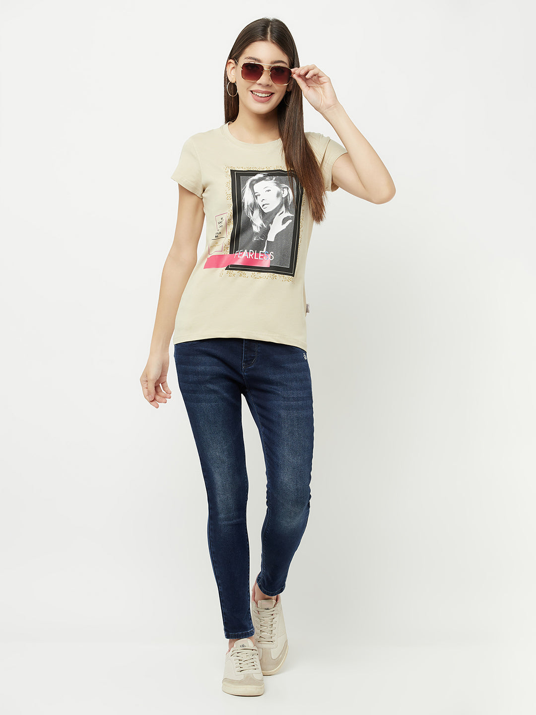 Beige Graphic Printed Round Neck T-Shirt - Women T-Shirts