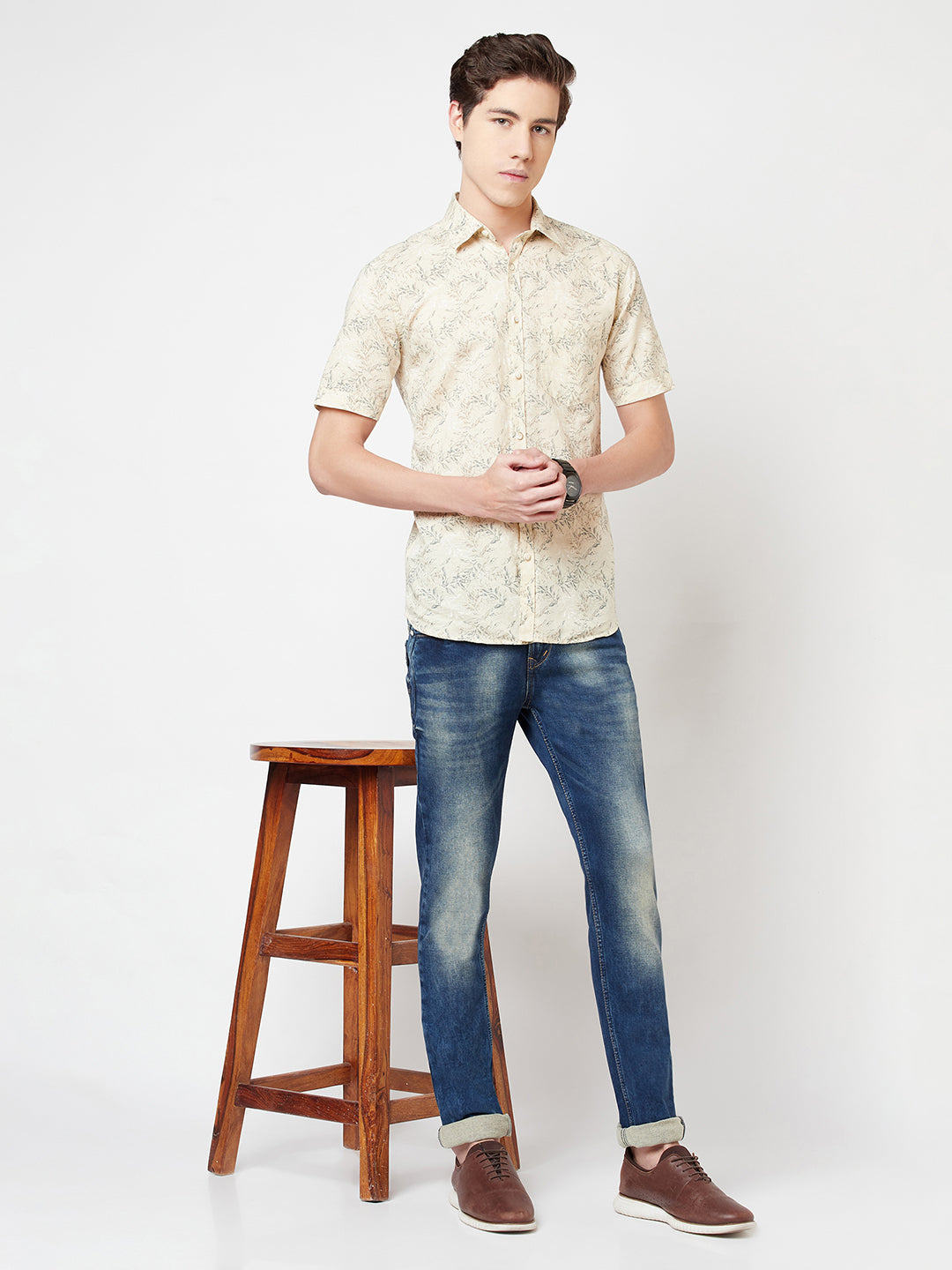 Beige Floral Linen Shirt - Men Shirts