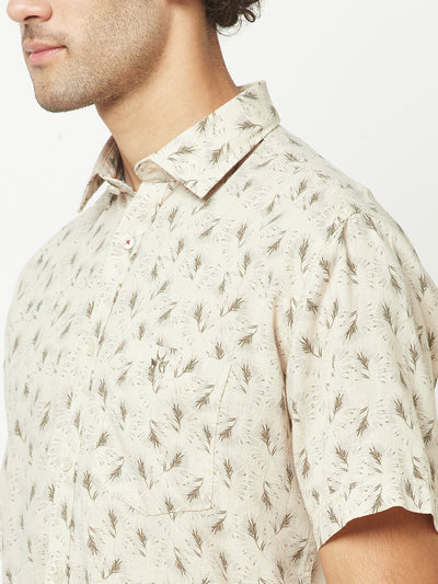 Beige Short-Sleeved Floral Shirt