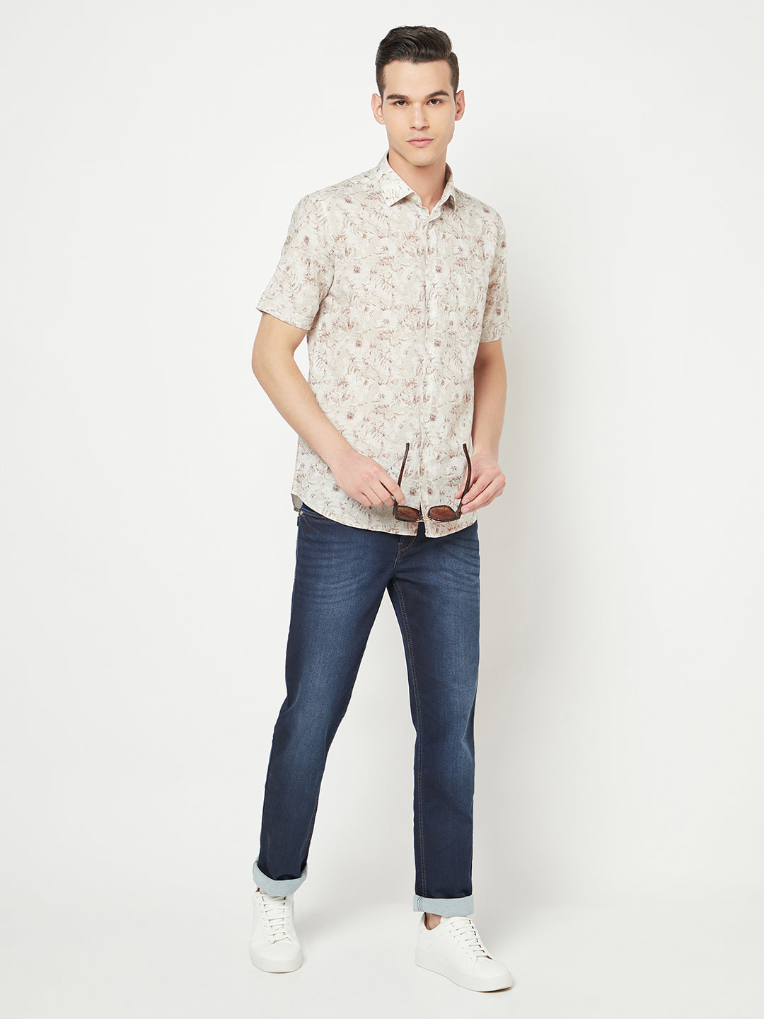 Beige Floral Printed Linen Shirt - Men Shirts