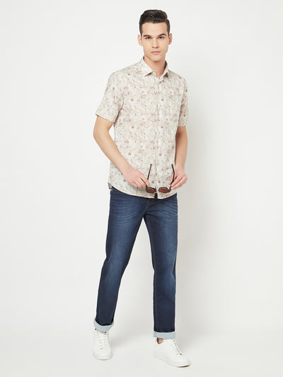 Beige Floral Printed Linen Shirt - Men Shirts