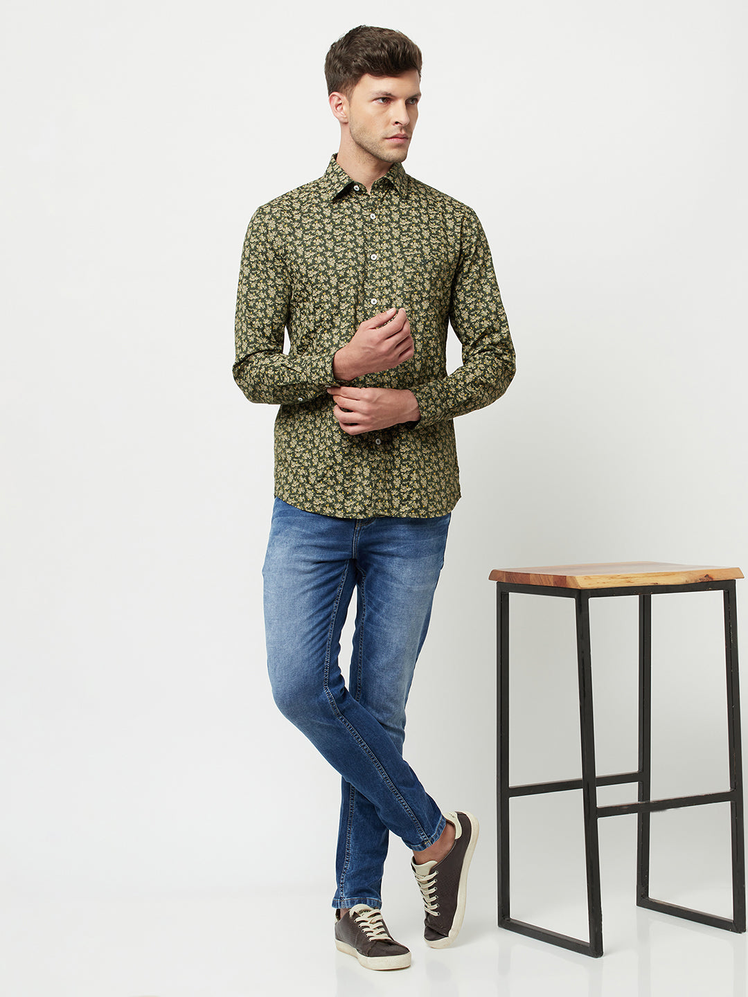 Olive Floral Printed Shirt-Men Shirts-Crimsoune Club