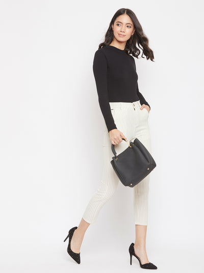 Cream Striped Trousers - Women Trousers