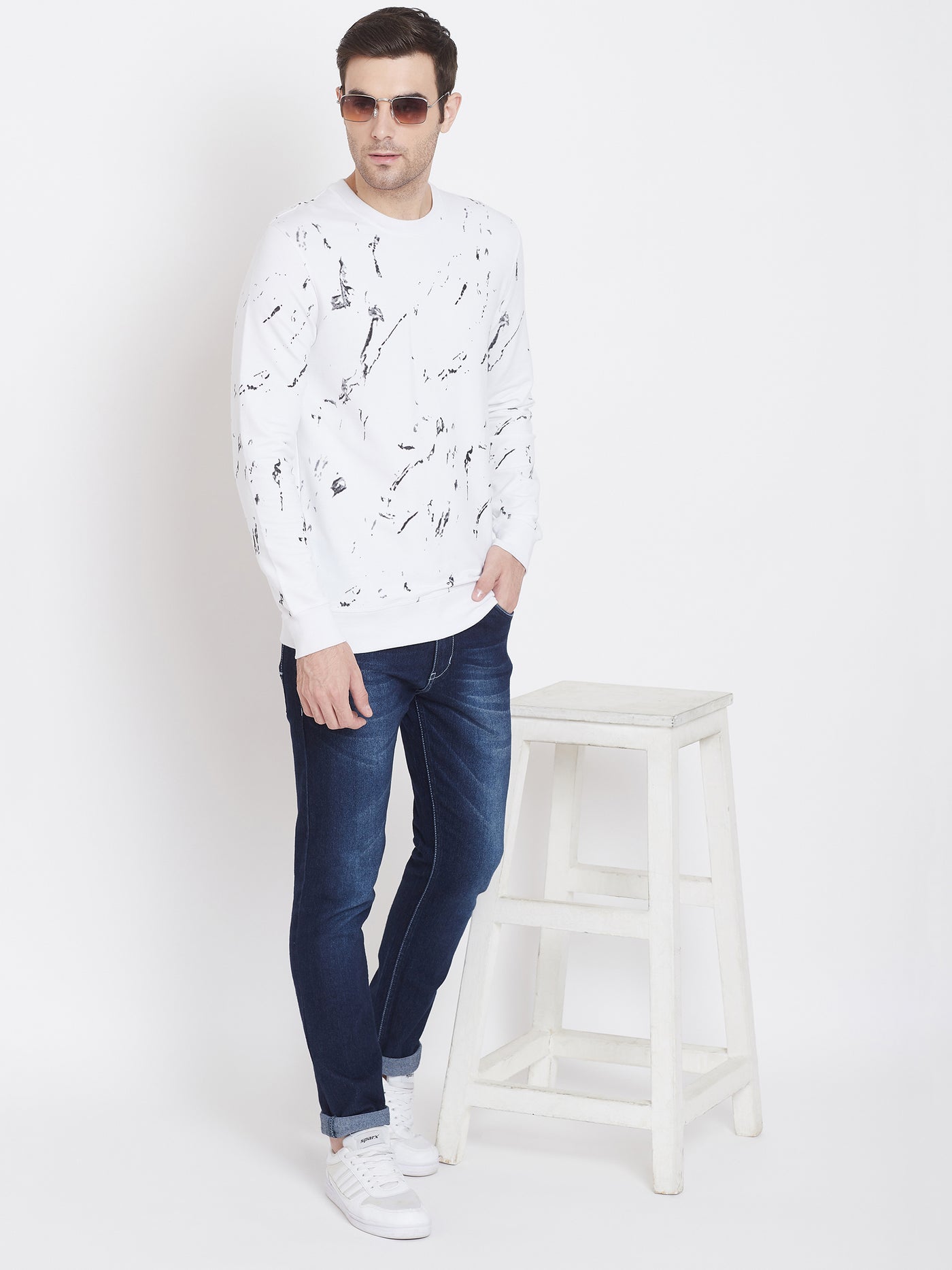 White Printed Round Neck Sweatshirt - Men Sweatshirts