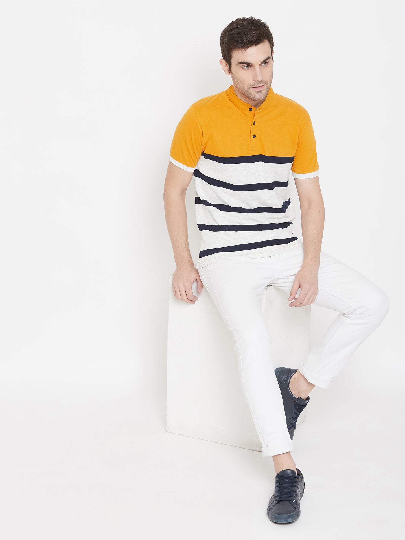 Yellow Striped Mandarin Neck T-Shirt - Men T-Shirts