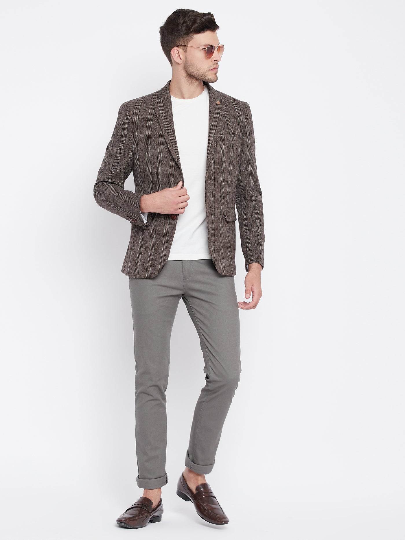 Brown Checked Notched Lapel Blazer - Men Blazers