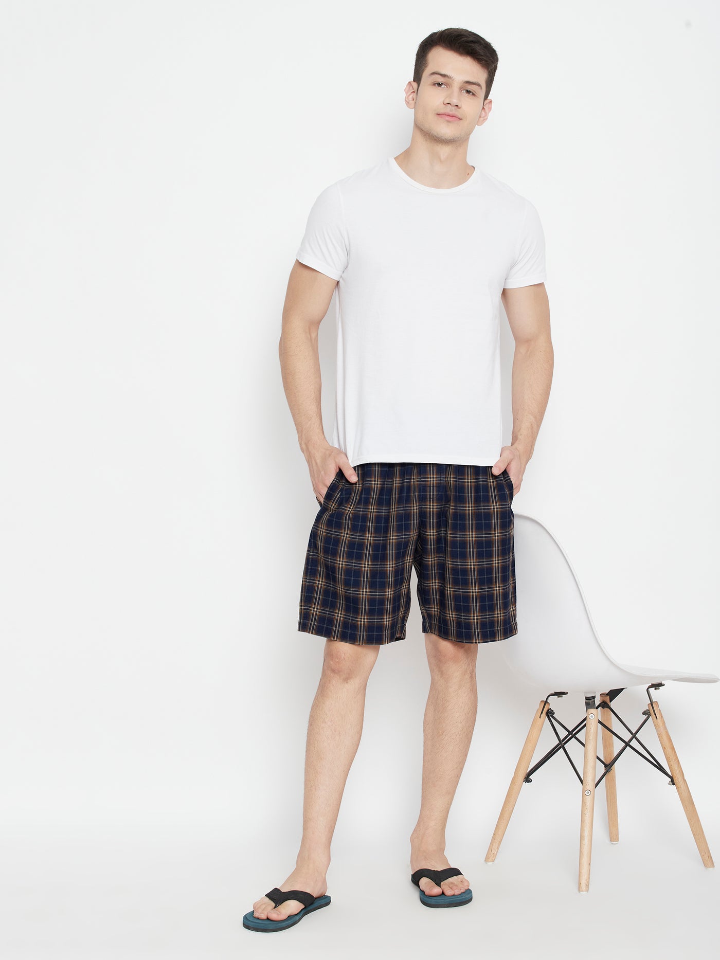 Navy Blue Checked Slim Fit Lounge Shorts - Men Lounge Shorts