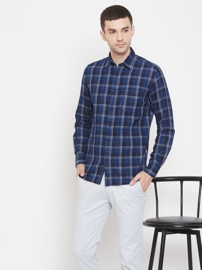 Navy Blue Checked Spread Collar Slim Fit Shirt - Men Shirts