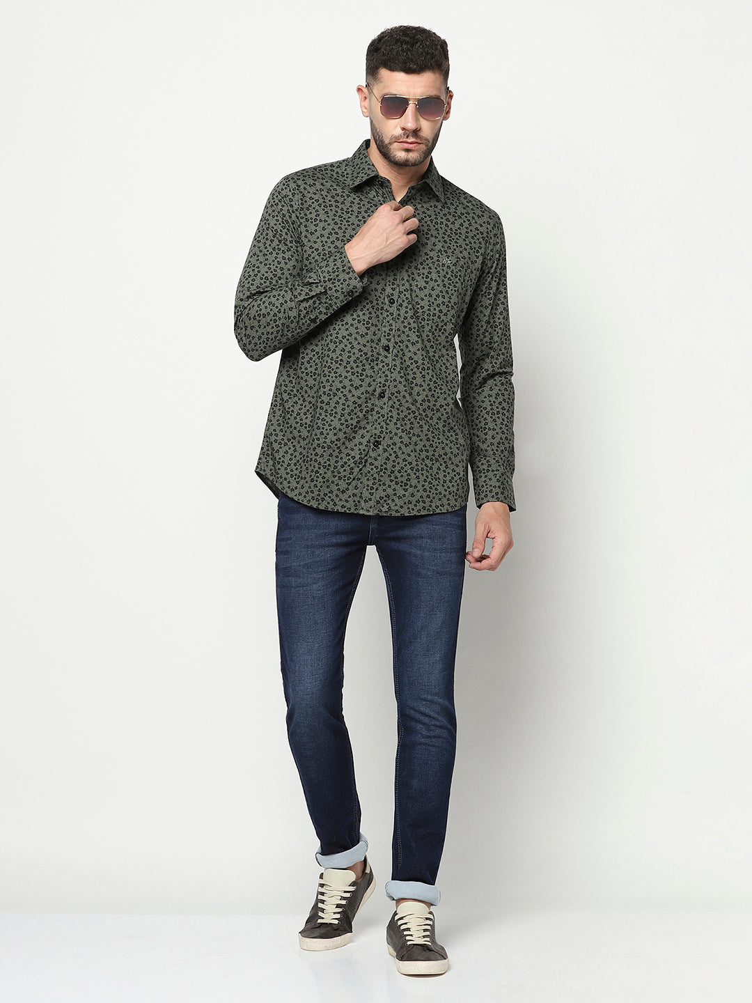 Olive Green Floral Shirt-Men Shirts-Crimsoune Club