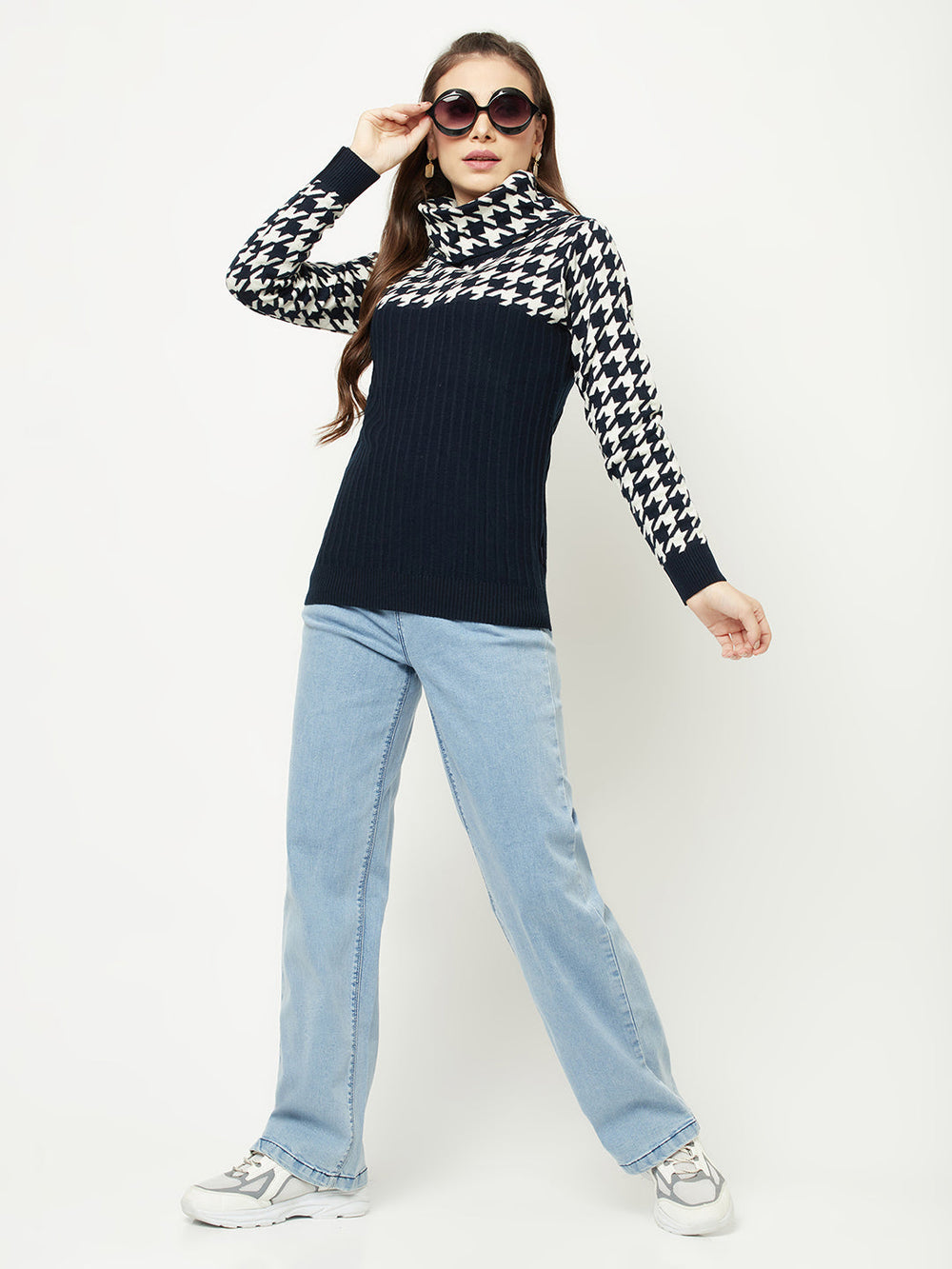  Navy Blue Abstract Turtleneck Sweater