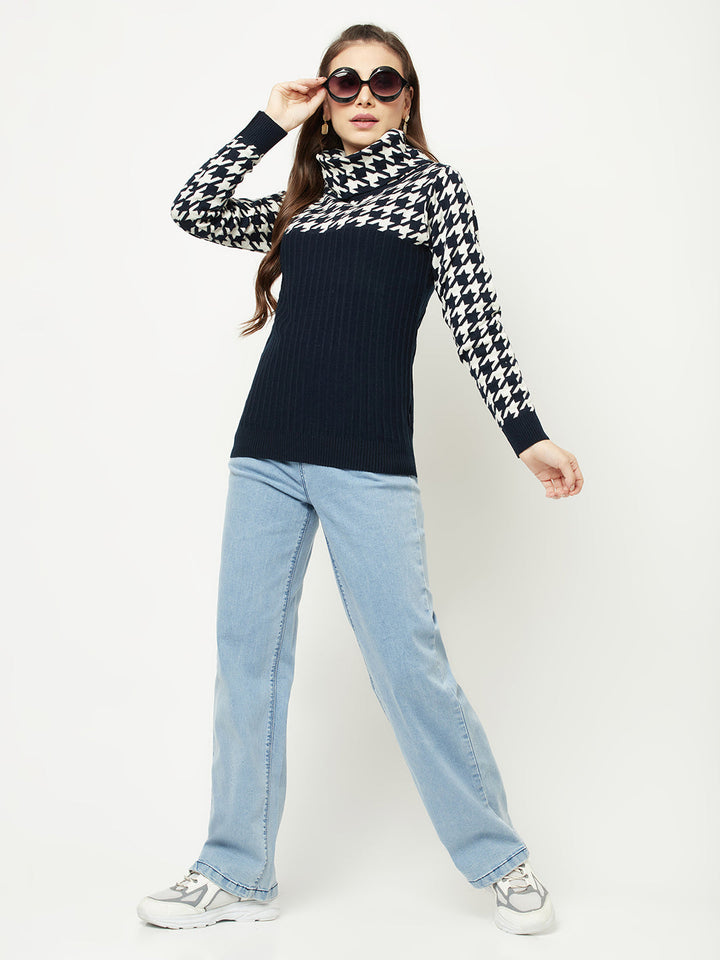  Navy Blue Abstract Turtleneck Sweater
