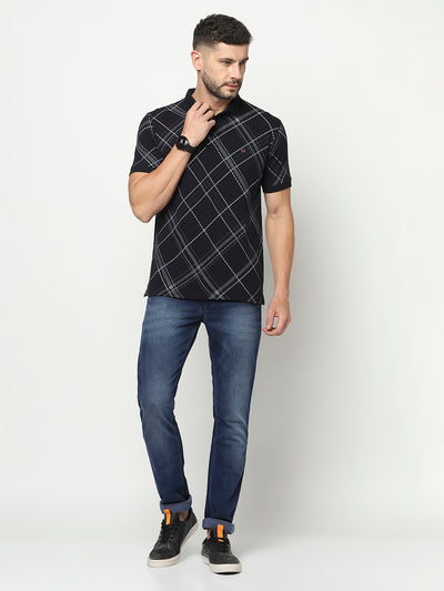 Navy Blue Diagonal Check Polo T-Shirt-Men T-Shirts-Crimsoune Club