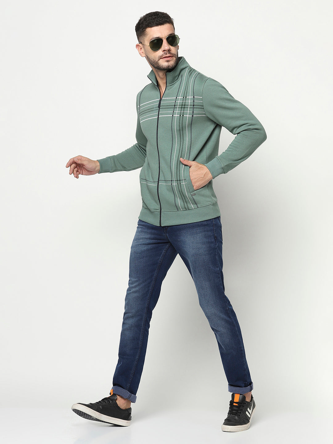 Green Lined Zipper Sweatshirt-Men Sweatshirts-Crimsoune Club