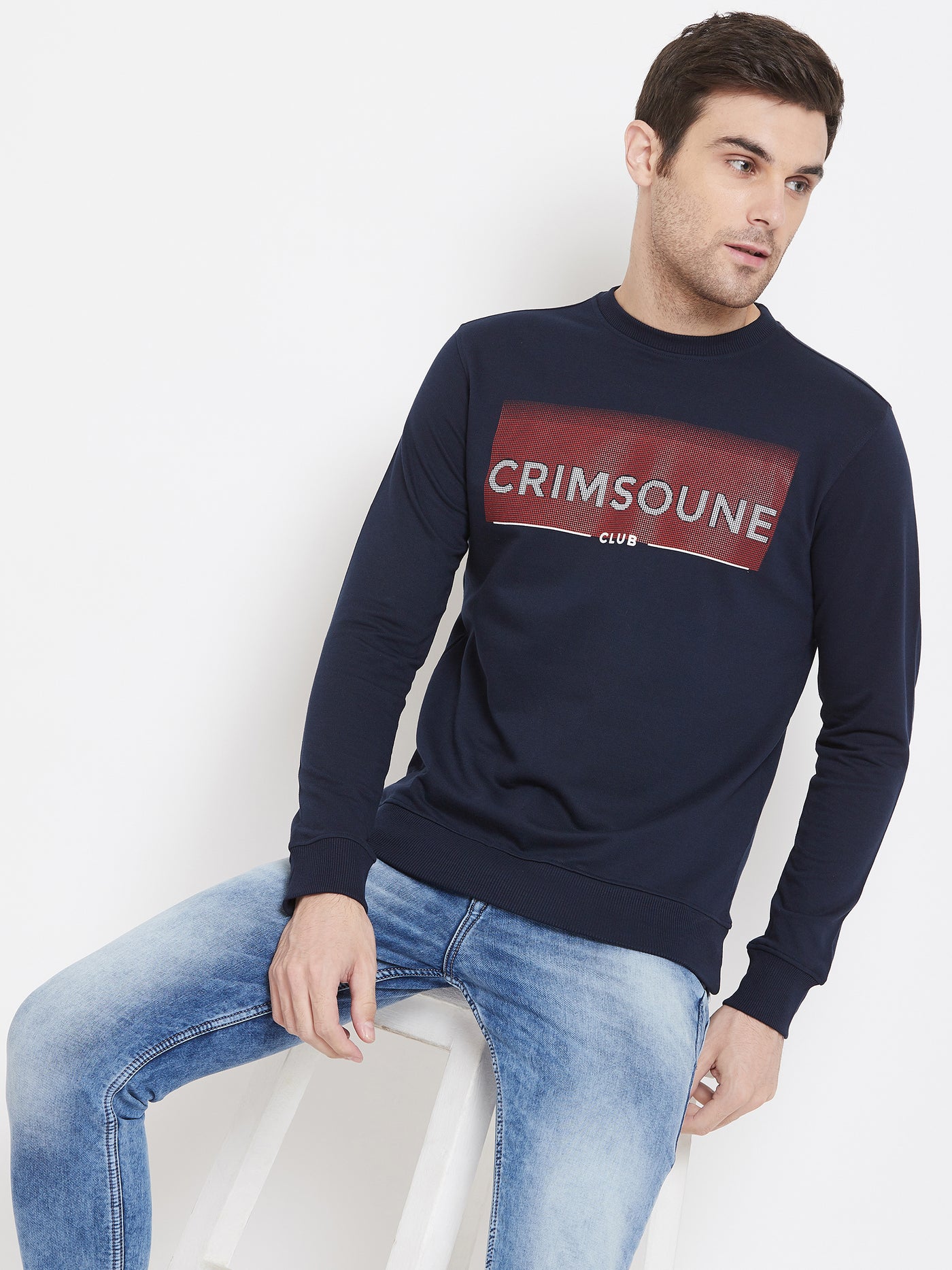 Navy Blue Printed Round Neck Sweatshirt - Men Sweatshirts