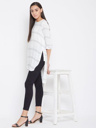 White Checked Round Neck Top - Women Tops