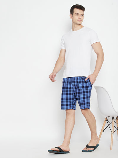 Blue Checked Slim Fit Lounge Shorts - Men Lounge Shorts