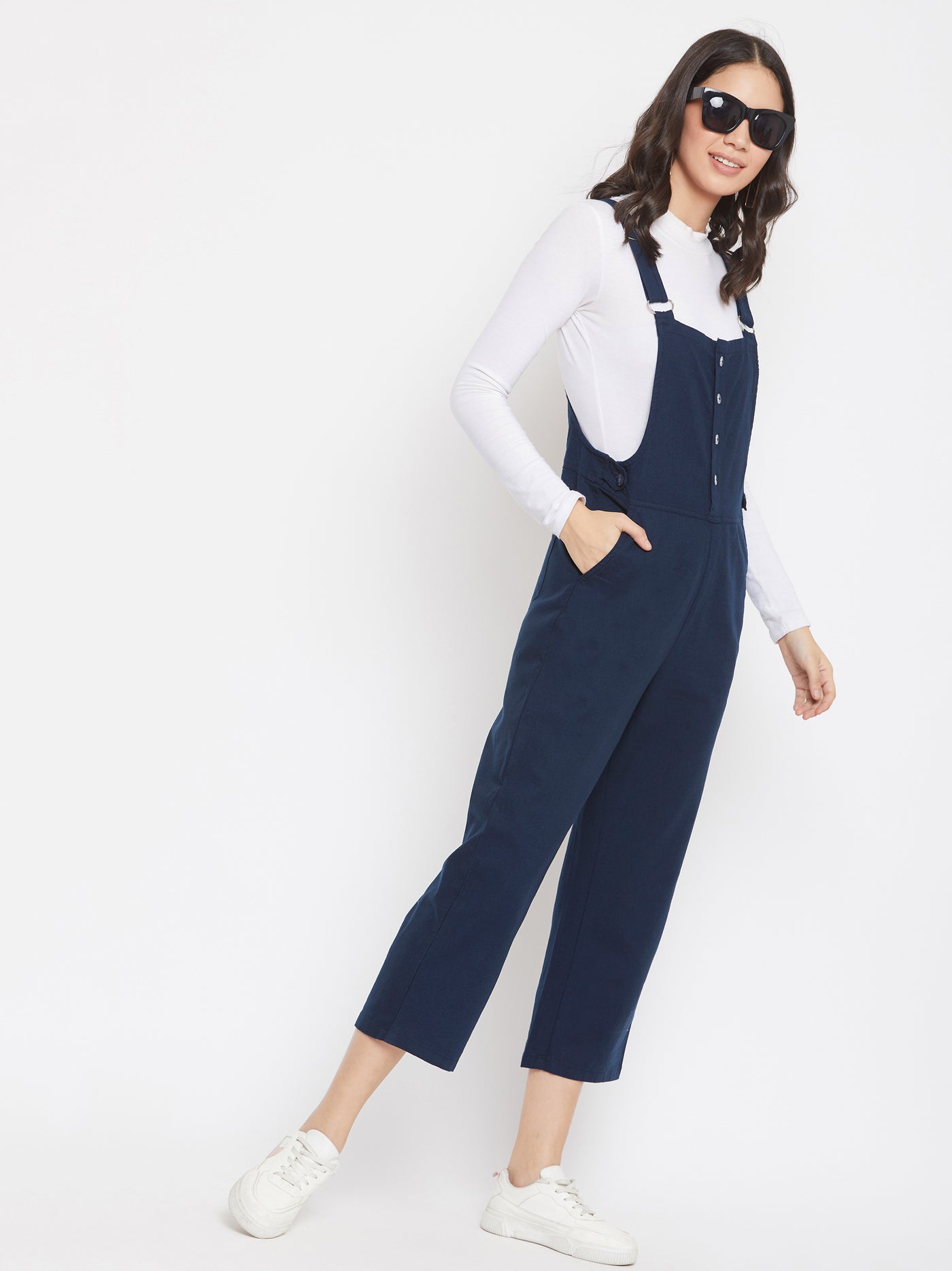 Navy Blue Solid Slim Fit Dungarees-Women Dungarees-Crimsoune Club