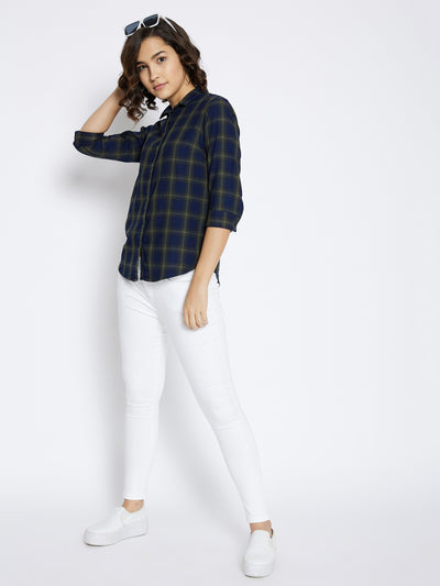 Navy Blue Checked Slim Fit shirt - Women Shirts