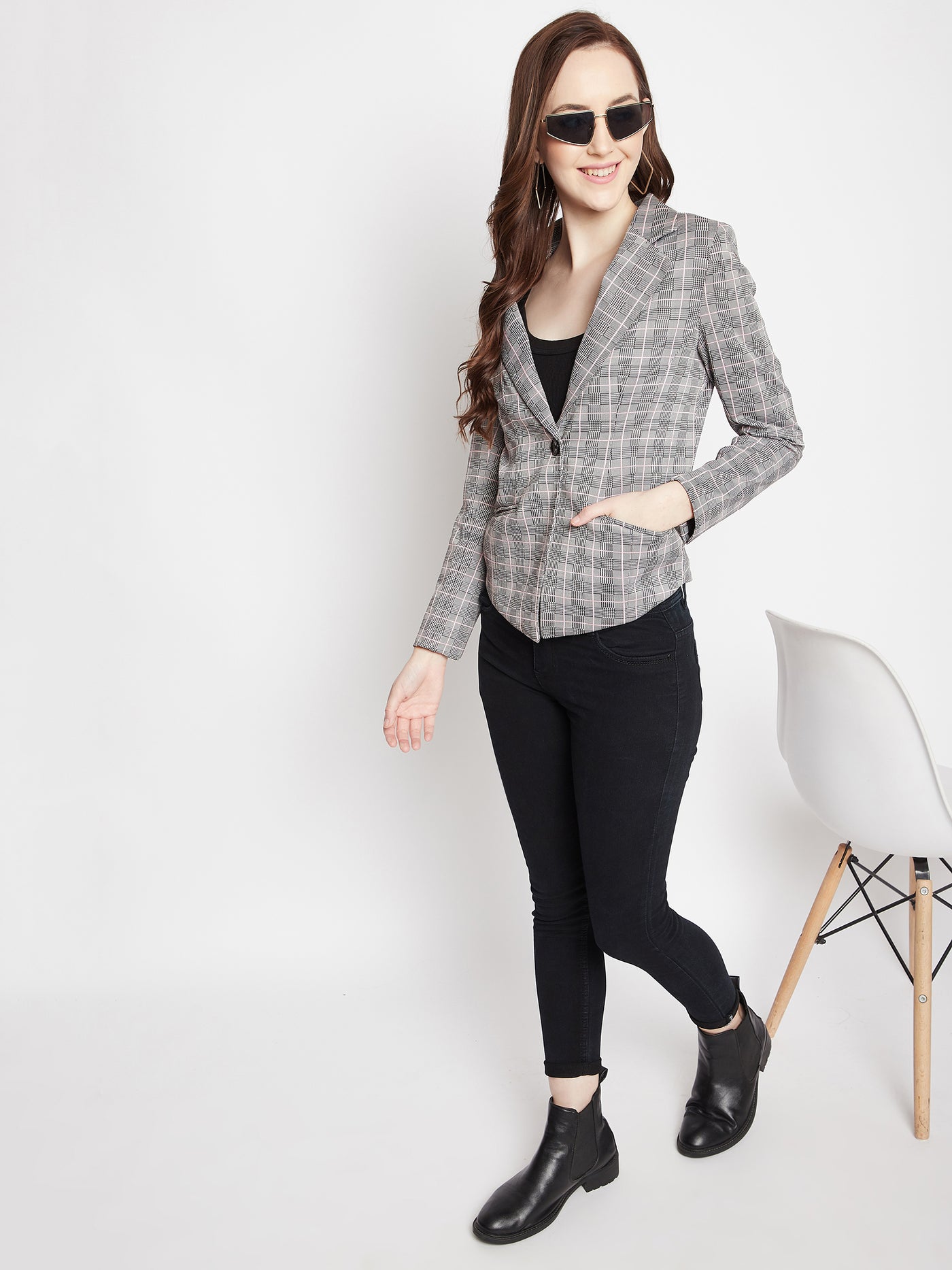 Grey Checked Notched Lapel Blazer - Women Blazer