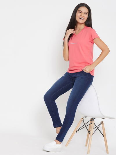 Pink Printed Round Neck T-Shirt - Women T-Shirts