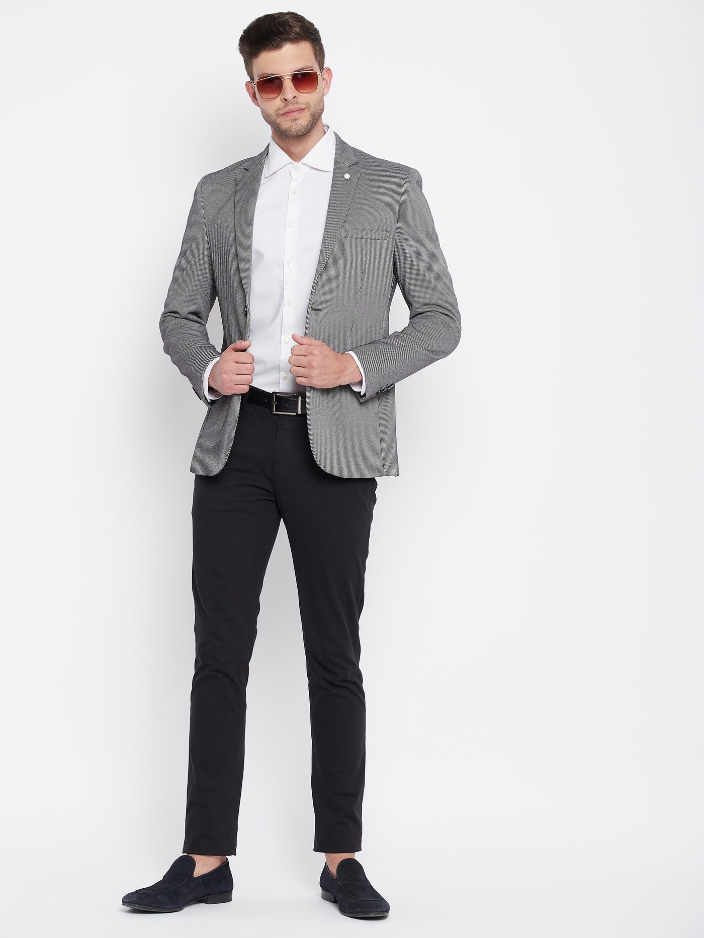 Grey Checked Notched Lapel Blazer - Men Blazers