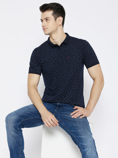 Navy Blue Printed Polo Neck T-shirt - Men T-Shirts